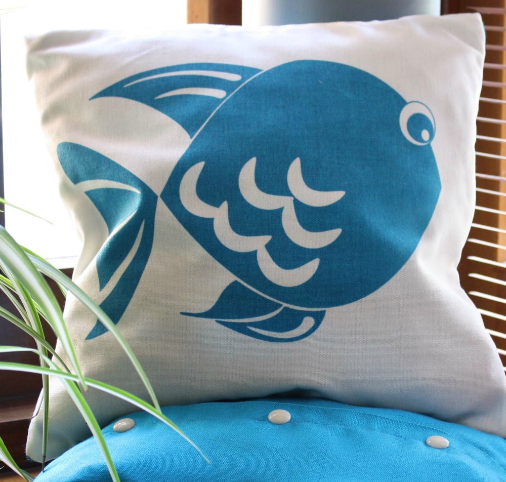Natural And Blue CUSHION Cover, Handmade, With Blue Fish Handprinted